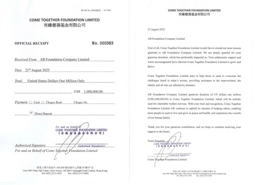 AB Charity Foundation Donates USD 1 Million to Jet Li’s Come Together Foundation