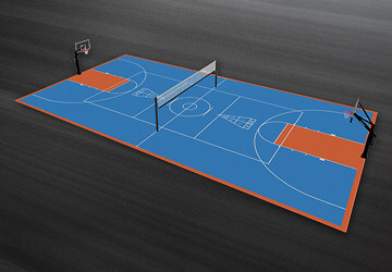 Additional Example of a VersaCourt 3D designer rendering of multi-sport game court that includes: Shuffle Board, Pickleball, Basketball, Hopscotch and more!
