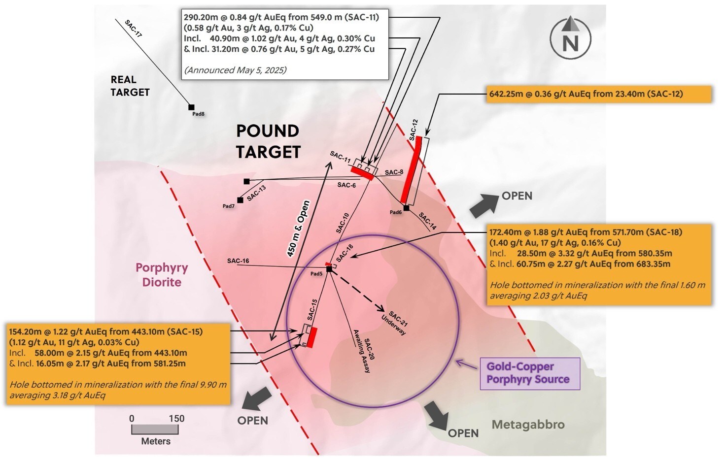 Figure 1: Plan View of the San Antonio Project Highlighting the Mineralized Corridor of the Pound Target and Significant Assay Results Announced Today and Previously (CNW Group/Collective Mining Ltd.)