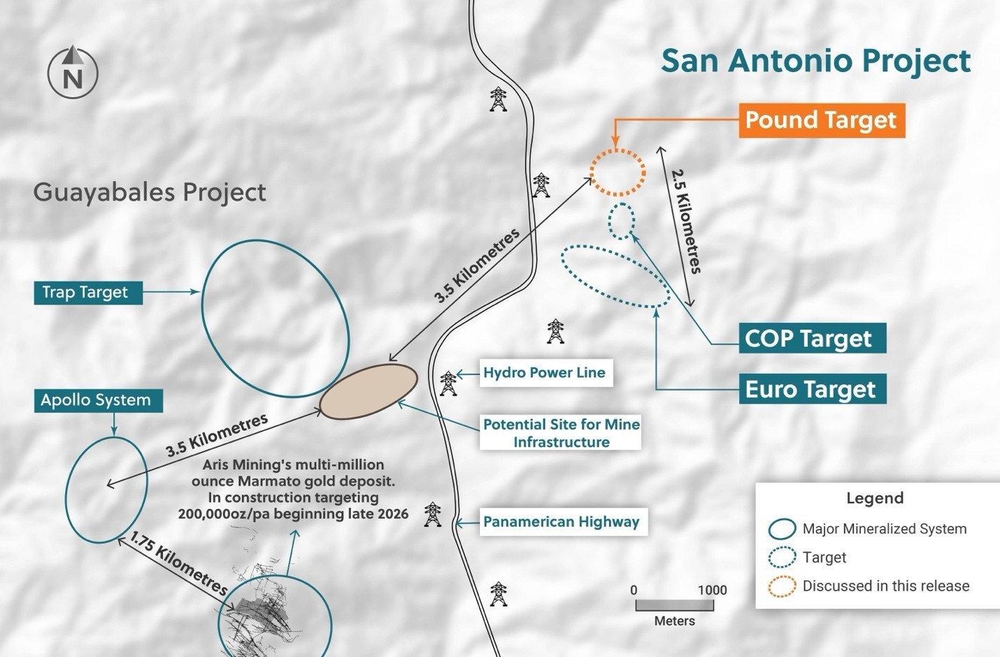 Figure 5: Plan View of the San Antonio and Guayabales Projects Highlighting the Pound Target at the San Antonio Project (CNW Group/Collective Mining Ltd.)