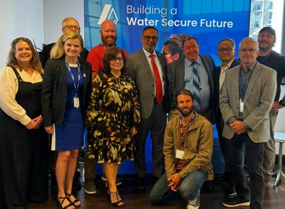 Leading AquaAction partners gather for the launch at the Urban Tech Xchange, August 26th. From left to right: Matthew Quigley, Foreign Commercial Service Officer, U.S. Department of Commerce; Joe Carr, Freshwater Tech Business Consultant, Small Business Development Center (SBDC); Harb Gill, Member of Parliament, Windsor West, House of Commons of Canada; Jon Altenberg, President & CEO, The Great Lakes and St. Lawrence Cities Initiative; Ed Kim, Professor of Smart Manufacturing Technology, College of Innovation & Technology, University of Michigan–Flint, General Partner, Side Door Ventures – MI & Vortex Growth Capital; Elliott Smith, Founder, Motmot; Christine Spitzley, Principal, OMH Advisors; Director, Michigan Section AWWA; Brittany VanderBeek, Director of Business Development, AquaAction; Soula Chronopoulos, President, AquaAction; Ryan Iacovacci, Founder, Myconaut; Kevin Mull, Co-founder, Urban Tech Xchange, Senior Director, Office of Urban Strategy and Innovation, Bedrock. (CNW Group/AquaAction)