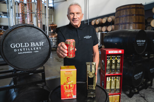 Hall of Fame quarterback Joe Montana debuts his Double Gold canned cocktail and Retro Edition whiskey at the Gold Bar Distillery in Alameda, California.