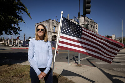 Sue Kohl, President of the Pacific Palisades Community Council, in front of what remains of the Business Block Building
