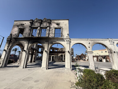 Charred facade of the Business Block Building, built in 1924 and destroyed by the Palisades Fire in January 2025.