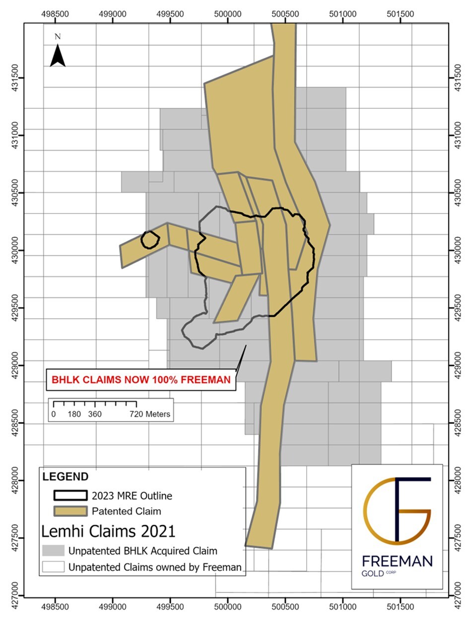 Figure 1: Map showing the newly acquired BHLK claims, existing unpatented claims, patented claims, and area encompassed by 2023 Mineral Resource Estimate. (CNW Group/Freeman Gold Corp.) Figure 1: Map showing the newly acquired BHLK claims, existing unpatented claims, patented claims, and area encompassed by 2023 Mineral Resource Estimate. (CNW Group/Freeman Gold Corp.)