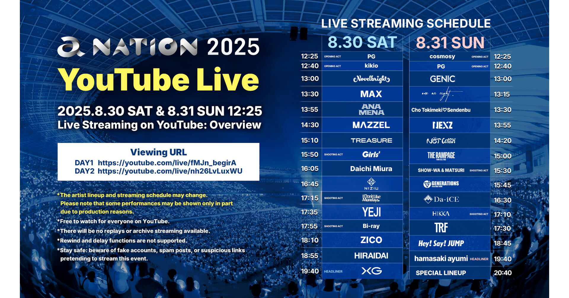 Salah Satu Festival Musim Panas Terbesar di Jepang, "a-nation 2025", Disiarkan secara Langsung di YouTube