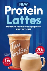 The lineup of new protein beverages available now at Tims restaurants across Canada includes hot Protein Lattes, which are handcrafted with lactose-free, high-protein dairy beverage and have 20 grams of protein per medium beverage. Iced Protein Lattes have 17 grams of protein per medium beverage. (CNW Group/Tim Hortons) The lineup of new protein beverages available now at Tims restaurants across Canada includes hot Protein Lattes, which are handcrafted with lactose-free, high-protein dairy beverage and have 20 grams of protein per medium beverage. Iced Protein Lattes have 17 grams of protein per medium beverage. (CNW Group/Tim Hortons)