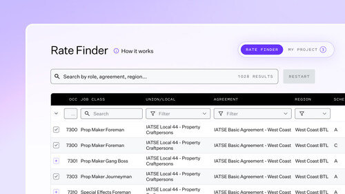 Find the right rate in seconds. Wrapbook’s Rate Finder puts searchable union rates, agreements, and regions all in one powerful tool.