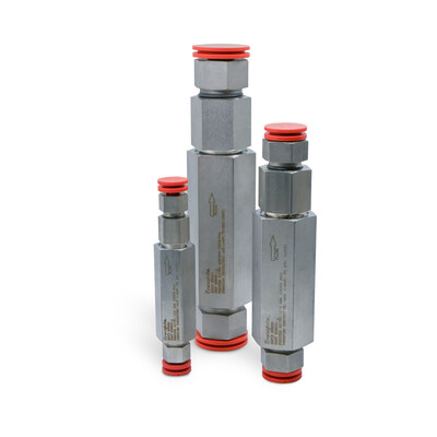 The Swagelok® FK series hydrogen check valve delivers unidirectional flow and shut-off of small-molecule gases, preventing reverse flow at hydrogen refueling stations.