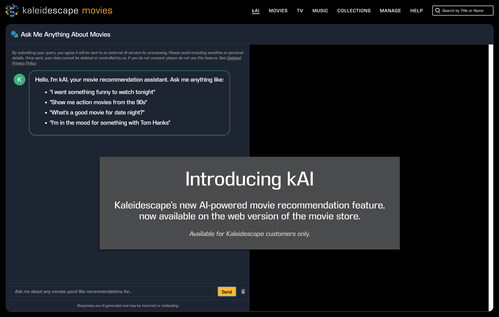 Introducing kAI — Kaleidescape’s new innovative AI-powered discovery feature now available on the web version of the Kaleidescape Movie Store. This new feature enhances the way movie enthusiasts find and explore their favorite movies, music concerts and television shows, making the discovery process smarter, more intuitive, and personalized.