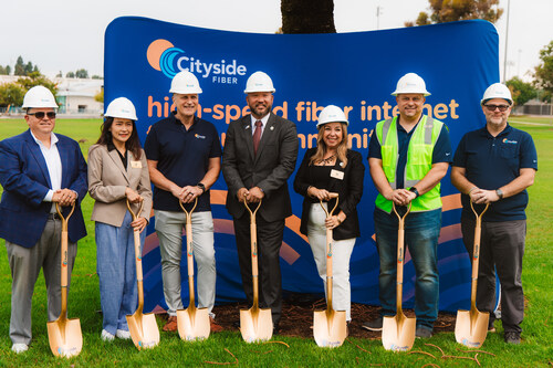 (Pictured from L to R: Director of Great Park and presenter: Luis Estevez; Councilmember District 1: Melinda Liu; CEO Cityside Fiber: Rod Hanson; Vice Mayor and presenter: James Mai; Councilmember District 5: Betty Martinez Franco; Chief Development Officer: Jonathan Restivo; Executive Vice President: Strider G. Denison)
