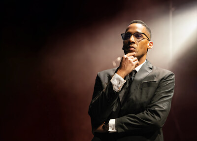 Brandon Carter as Julius X. Preproduction photography of Julius X: A Re-envisioning of The Tragedy of Julius Caesar by William Shakespeare, written by Al Letson and directed by Nicole Brewer, onstage at the Folger Shakespeare Library, September 23-October 26, 2025. Photography by Erika Nizborski.