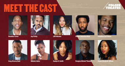 The cast of  Julius X: A Re-envisioning of The Tragedy of Julius Caesar by William Shakespeare, written by Al Letson and directed by Nicole Brewer, onstage at the Folger Shakespeare Library, September 23-October 26, 2025.
