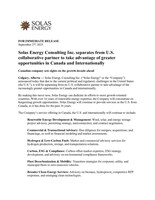 Solas Energy Consulting Inc. separates from U.S. collaborative partner to take advantage of greater opportunities in Canada and Internationally