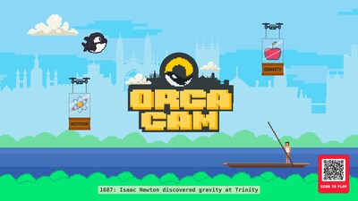 OrcaCam, a retro-style arcade game launched by Orca Scan as part of the Grand Discoveries Exhibition, celebrates world-changing innovations discovered in Cambridge. Alt Text: Pixel art screenshot from OrcaCam showing an orca flying above the River Cam, dodging obstacles labelled Neutron and Gravity, with a punter on the river and the game logo in the centre.