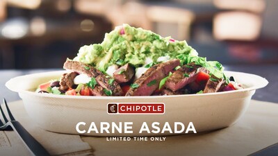 Chipotle's Carne Asada features tender, juicy cuts of freshly grilled steak, finished with fresh lime and cilantro.
