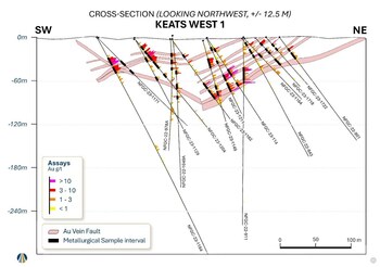 Figure 2. Keats West 1 cross section showing diamond drill holes selected for metallurgical testing; black bars represent metallurgical testing intervals. (CNW Group/New Found Gold Corp.) Figure 2. Keats West 1 cross section showing diamond drill holes selected for metallurgical testing; black bars represent metallurgical testing intervals. (CNW Group/New Found Gold Corp.)