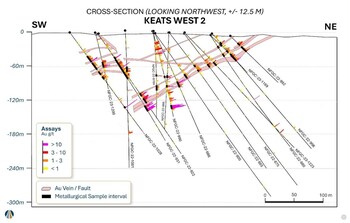 Figure 3. Keats West 2 cross section showing diamond drill holes selected for metallurgical testing; black bars represent metallurgical testing intervals. (CNW Group/New Found Gold Corp.) Figure 3. Keats West 2 cross section showing diamond drill holes selected for metallurgical testing; black bars represent metallurgical testing intervals. (CNW Group/New Found Gold Corp.)