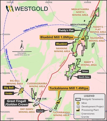 Figure 2 - Murchison Project Areas (Bluebird & Tuckabianna Processing Hubs). (CNW Group/Westgold Resources Limited)