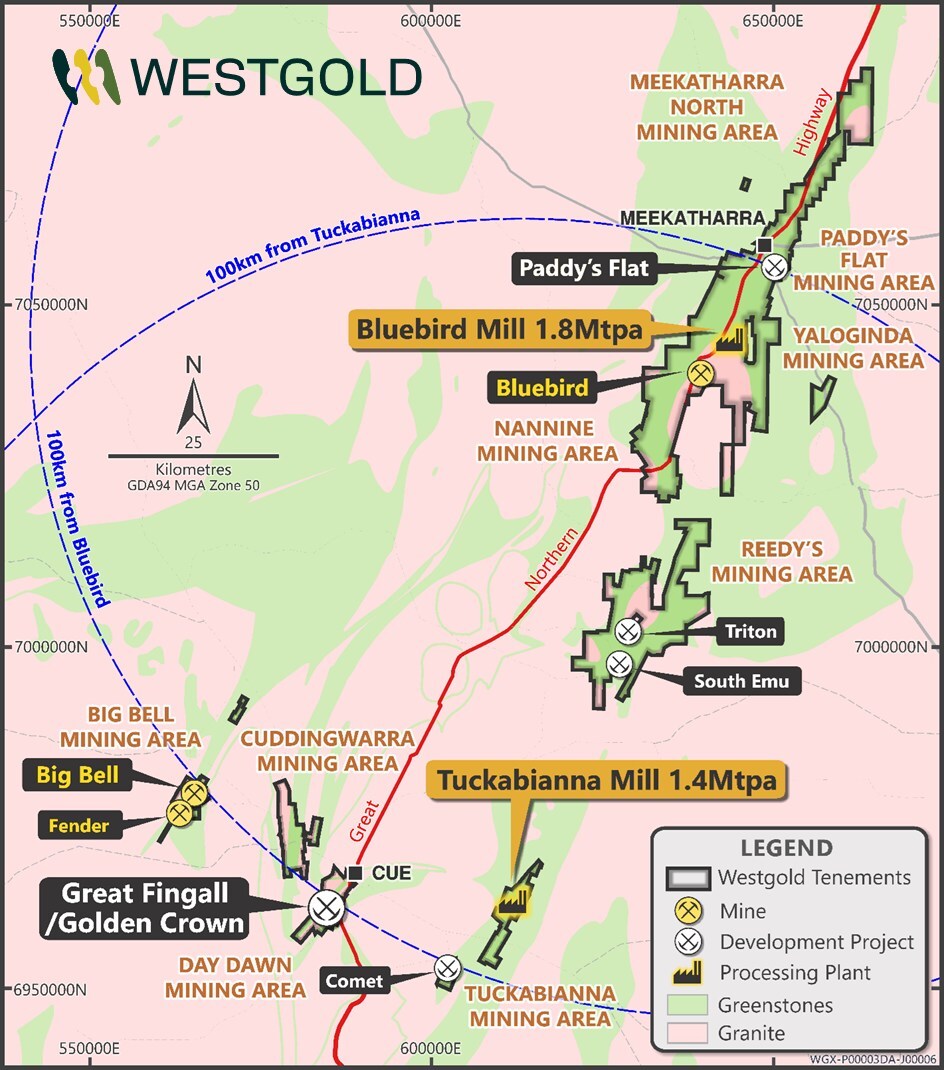 Figure 2 - Murchison Project Areas (Bluebird & Tuckabianna Processing Hubs). (CNW Group/Westgold Resources Limited)