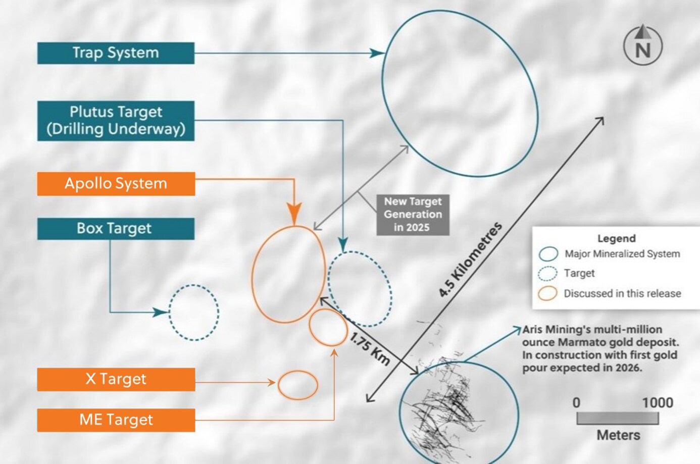 Collective Mining anuncia un nuevo descubrimiento de plata greenfield en el objetivo X Figura 3: Vista en planta del proyecto Guayabales destacando el objetivo X, el sistema Apolo y las áreas objetivo ME (CNW Group/Collective Mining Ltd.)