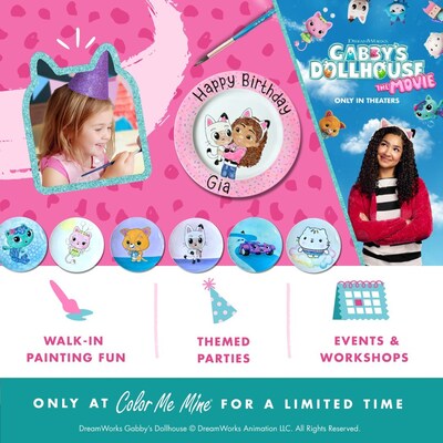 Guests can visit participating Color Me Mine studios nationwide and celebrate Gabby's Dollhouse: The Movie with themed pottery painting, special events and party packages.