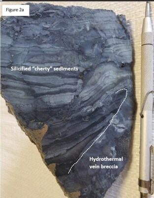 Figure 2a. Sample from newly exposed hydrothermal system hosted within the diatreme breccia. Sample appears to consist of well banded cherty sediments that have been silicified, pyritized and brecciated by continuous up-welling of hydrothermal fluids. (CNW Group/Northern Shield Resources Inc.)