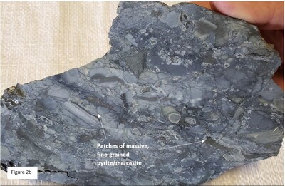 Figure 2b. Example of hydrothermal breccia with rounded clasts of chalcedonic silica “ooze” in a silica-pyrite matrix. (CNW Group/Northern Shield Resources Inc.)