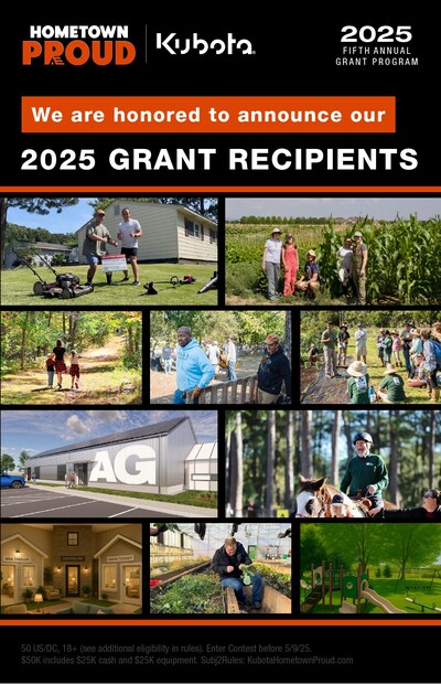 Kubota announces its ten 2025 Hometown Proud® grant winners, awarding funding and equipment to support local community projects nationwide. Kubota announces its ten 2025 Hometown Proud® grant winners, awarding funding and equipment to support local community projects nationwide.