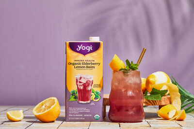 Yogi Organic Herbal Tea Concentrate in the fruity Elderberry Lemon Balm flavor offers a delightful sweet and citrusy infusion.