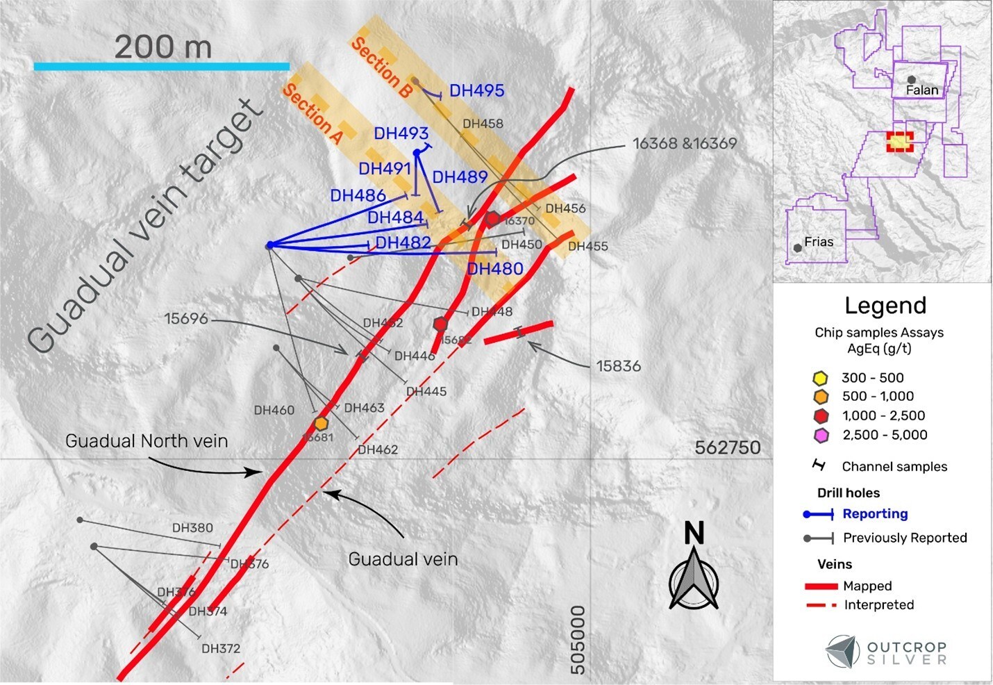 Figure 1. Plan view of the Guadual target showing the drill holes reported in this release (Table 1), previously reported holes (Table 3), and surface exploration samples (Table 2). Coordinates are in the UTM system, zone 18N, and WGS84 projection. Holes DH480, DH482, and DH848 intercepted quartz vein or breccias with No Significant Results in the Guadual North or Guadual veins. No Significant Result means an intercept lower than 200 g/t AgEq1. (CNW Group/Outcrop Silver & Gold Corporation) Figure 1. Plan view of the Guadual target showing the drill holes reported in this release (Table 1), previously reported holes (Table 3), and surface exploration samples (Table 2). Coordinates are in the UTM system, zone 18N, and WGS84 projection. Holes DH480, DH482, and DH848 intercepted quartz vein or breccias with No Significant Results in the Guadual North or Guadual veins. No Significant Result means an intercept lower than 200 g/t AgEq1. (CNW Group/Outcrop Silver & Gold Corporation)