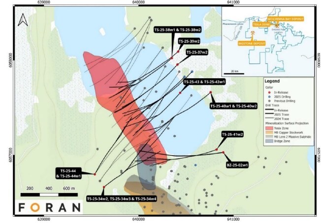 Figure 1 – Plan view with the location of drill holes presented in this release, along with the surface projections of the interpreted Tesla Zone, McIlvenna Bay and Bridge Zone lenses. (CNW Group/Foran Mining Corporation) Figure 1 – Plan view with the location of drill holes presented in this release, along with the surface projections of the interpreted Tesla Zone, McIlvenna Bay and Bridge Zone lenses. (CNW Group/Foran Mining Corporation)