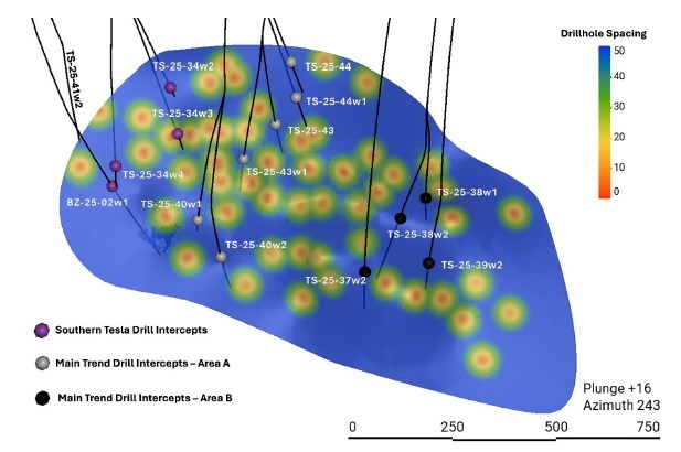 Figure 2 – Longitudinal view of the Tesla Zone Main Lens (looking southwest), showing the pierce points of drilling prior to this release along with traces of the new holes included in this release. (CNW Group/Foran Mining Corporation) Figure 2 – Longitudinal view of the Tesla Zone Main Lens (looking southwest), showing the pierce points of drilling prior to this release along with traces of the new holes included in this release. (CNW Group/Foran Mining Corporation)