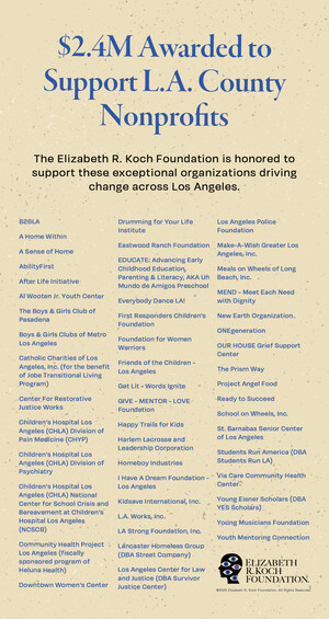 Elizabeth R. Koch Foundation Awards $2.4 Million in Grants to 50 Los Angeles County Nonprofits