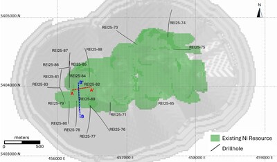 Figure 2 – Reid – CNC Plan View showing Nickel Resource and completed drilling. (CNW Group/Canada Nickel Company Inc.)
