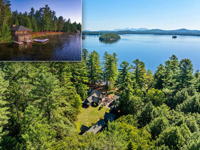 Camp Iroquois, a classic “Great Camp” in upstate NY’s Adirondack region, offers 8.6 private acres with 510 linear ft of frontage on Saranac Lake. Living quarters feature 13 total bedrooms and 10 full baths, plus a great hall/lodge and a two-story boathouse on the water. LakefrontLuxuryAuction.com.