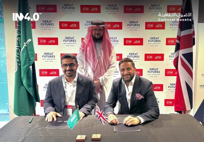 Abdullah Khalid Al Zamil, Chairman of Cultural Assets Group (back), with Abdulaziz bin Musaed AlSulaim, CEO of Cultural Assets Group (left), and Mo Isap, CEO of IN4 Group (right), at the signing of the 'Madinat Al Maharat' joint venture during the GREAT FUTURES Summit in London, which will provide internationally benchmarked vocational training to develop Saudi Arabia's creative and tech workforce. Abdullah Khalid Al Zamil, Chairman of Cultural Assets Group (back), with Abdulaziz bin Musaed AlSulaim, CEO of Cultural Assets Group (left), and Mo Isap, CEO of IN4 Group (right), at the signing of the 'Madinat Al Maharat' joint venture during the GREAT FUTURES Summit in London, which will provide internationally benchmarked vocational training to develop Saudi Arabia's creative and tech workforce.