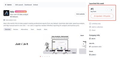 Ada Ranked #1 Product of the Day on Product Hunt