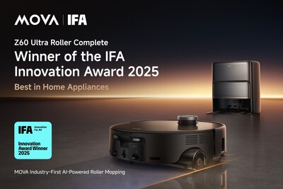 MOVA Z60 Ultra Roller Complete Named Best in Home Appliances winner at the inaugural IFA Innovation Awards for breakthrough AI-powered roller mopping system that sets a new benchmark for hands-off, hygienic cleaning