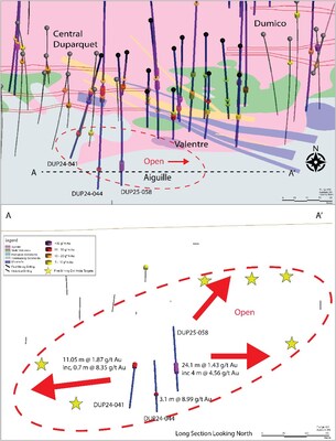 Figure 4: Aiguille plan view and north-looking long section, highlighting recent drill results and outlining future drill targets. (CNW Group/First Mining Gold Corp.)