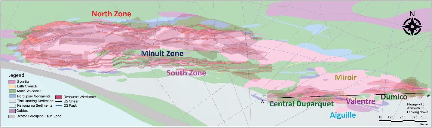 Figure 2: Plan view map of Duparquet geology and mineral resource with main targets around the Project core area. (CNW Group/First Mining Gold Corp.)