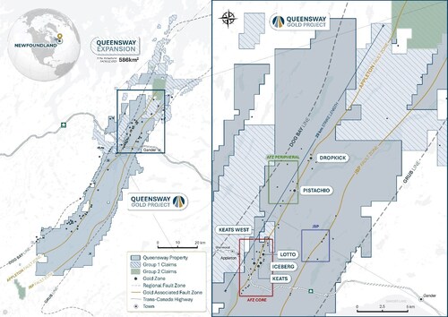 Figure 1: Location of Queensway, Group 1 and Group 2 mineral claims. (CNW Group/New Found Gold Corp.) Figure 1: Location of Queensway, Group 1 and Group 2 mineral claims. (CNW Group/New Found Gold Corp.)