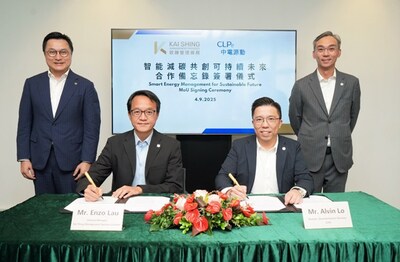 (Back row, from left) Witnessed by Kai Shing Management Services Limited Deputy Managing Director Mr Kevin Chu and CLPe Managing Director Mr Ringo Ng,  (Front row, from left) Kai Shing Management Services General Manager Mr Enzo Lau and CLPe Director - Decarbonisation Business Mr Alvin Lo signed a MoU to transform the International Commerce Centre (ICC) into a landmark for smart energy management and implement innovative energy-saving and carbon reduction solutions across properties managed by Kai Shing to enhance their resilience against extreme weather.