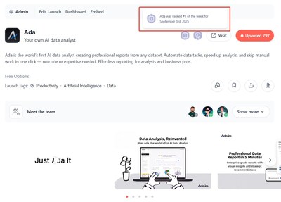 Ada was ranked #1 of the week on Product Hunt