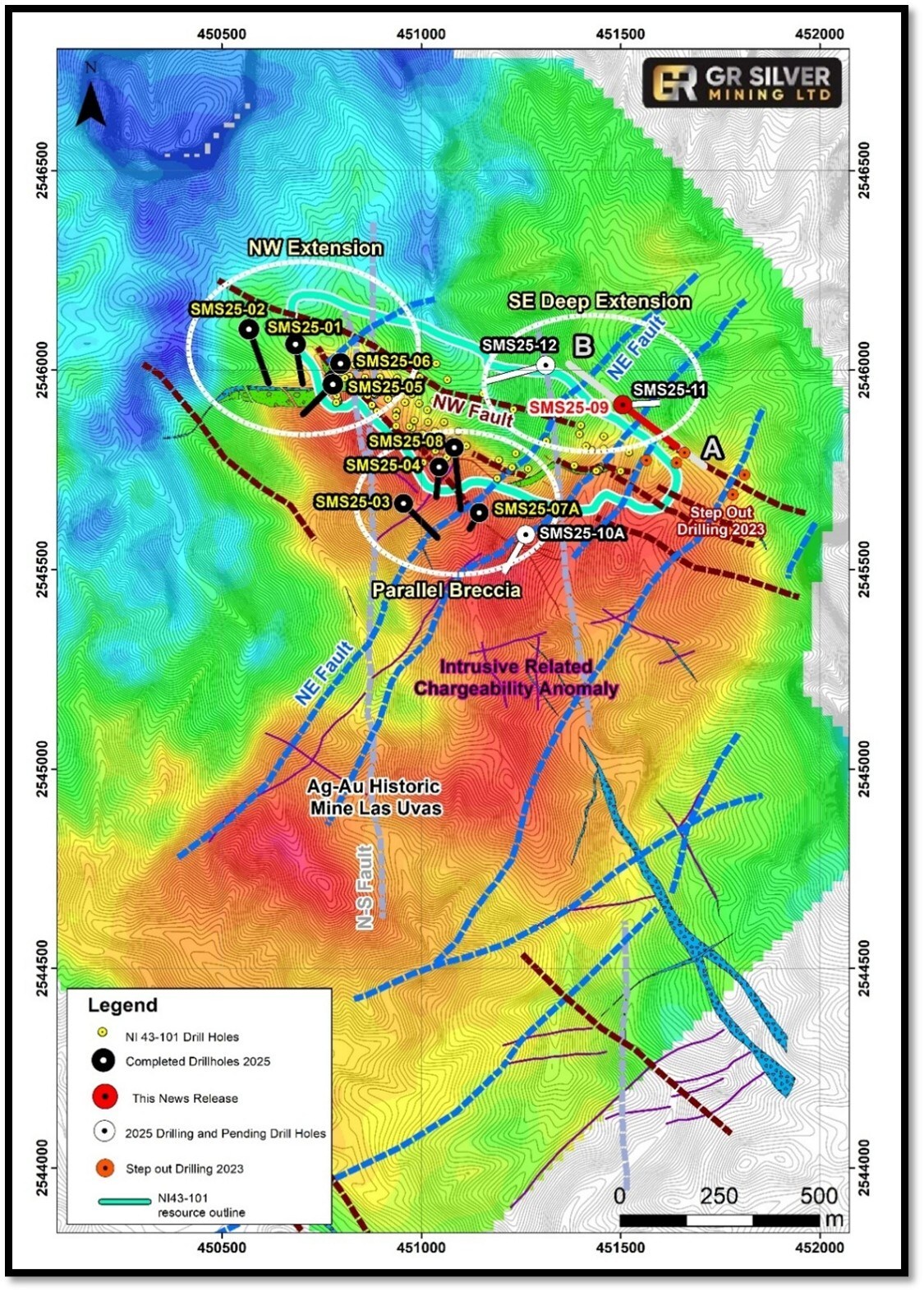 Figure 1 Location Map – Current Step-Out Drilling Program and Intrusive Related Chargeability Anomaly with Target Areas (CNW Group/GR Silver Mining Ltd.) Figure 1 Location Map – Current Step-Out Drilling Program and Intrusive Related Chargeability Anomaly with Target Areas (CNW Group/GR Silver Mining Ltd.)