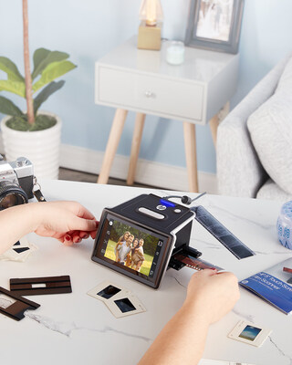 Convert, view, and edit old photos with the HP FilmScan 5” Touch Screen Film Scanner, a unique product that allows users to scan negatives and slides to see and preserve them digitally.