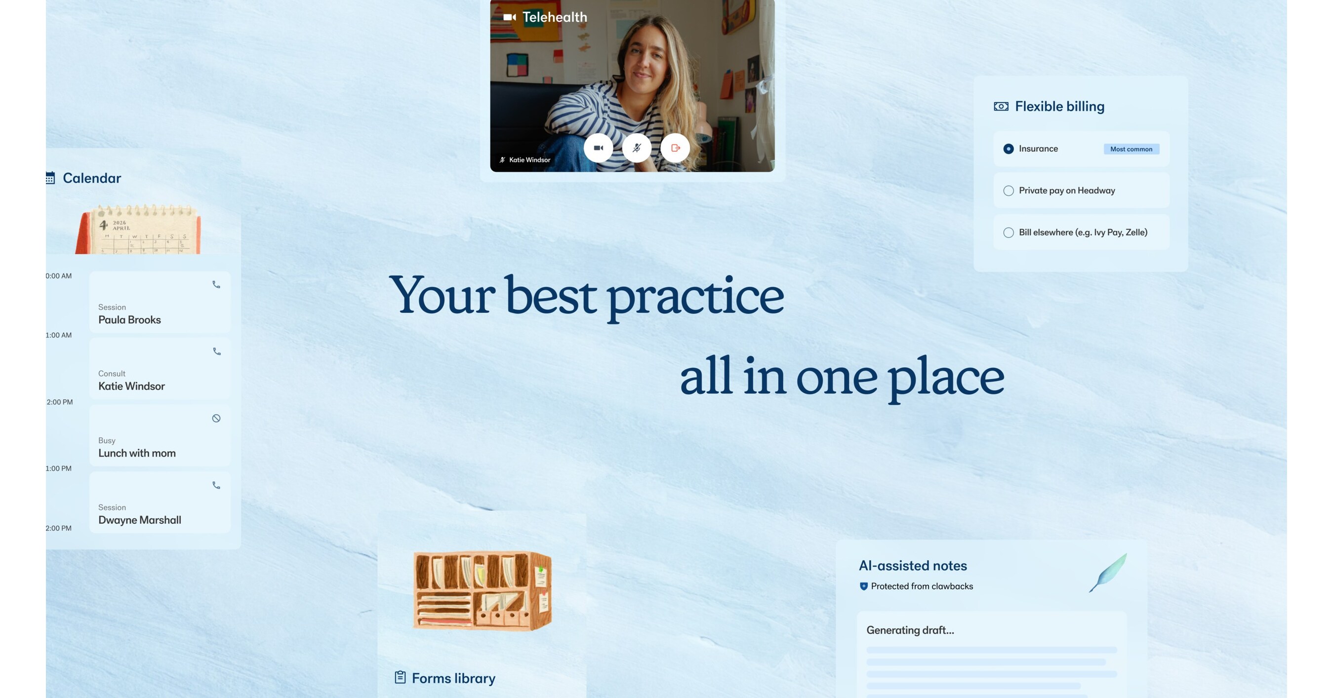 Screenshot of Headway practice dashboard showing telehealth call, calendar, billing options and AI-assisted notes — illustrating an integrated patient/provider portal.
