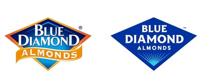 The evolved Blue Diamond Almonds logo (right) preserves the brand’s distinctive diamond shape and color