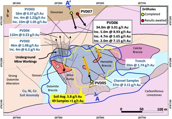 Figure 1 - Summary Geology map and drillhole locations; A - A’ cross section location Figure 1 - Summary Geology map and drillhole locations; A - A’ cross section location