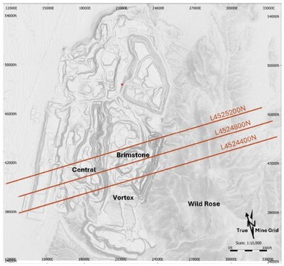 Figure 1:  Geophysics lines through Brimstone.  Lines are due east-west